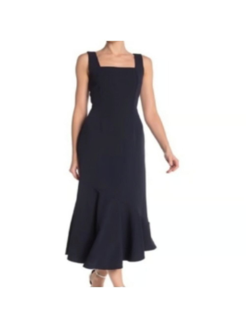 Sharagano Square Neck Flounce Deep Navy Blue Midi Dress NWT Size 4